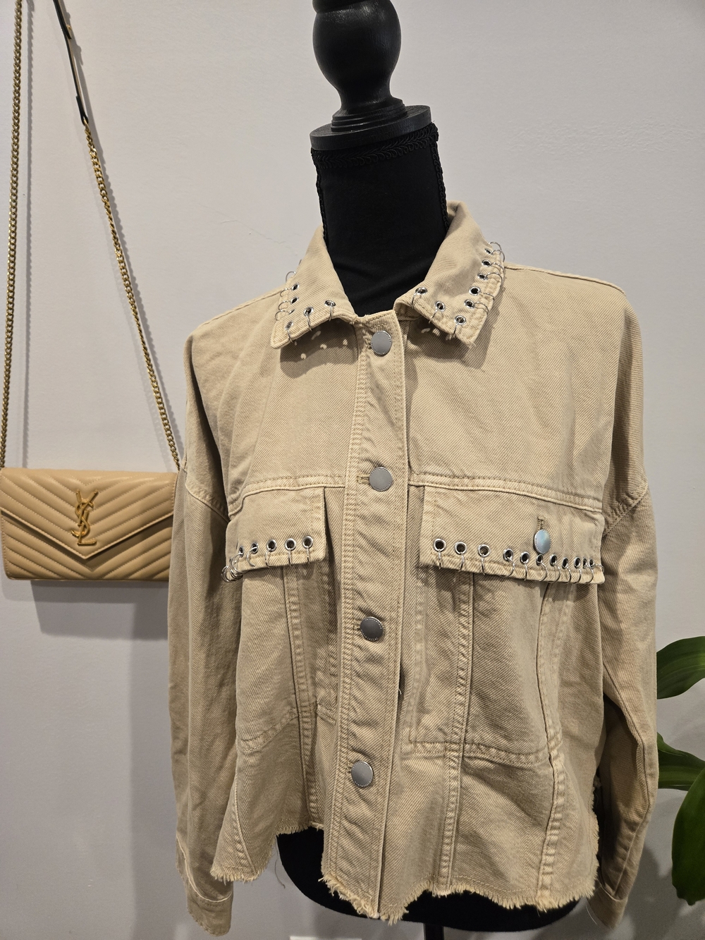 Zara Beige Eyelet-Trim Denim Jacket